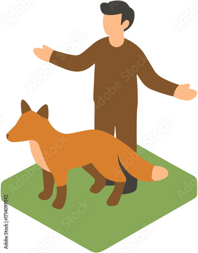 Man and Fox Standing Together on Green Grass.