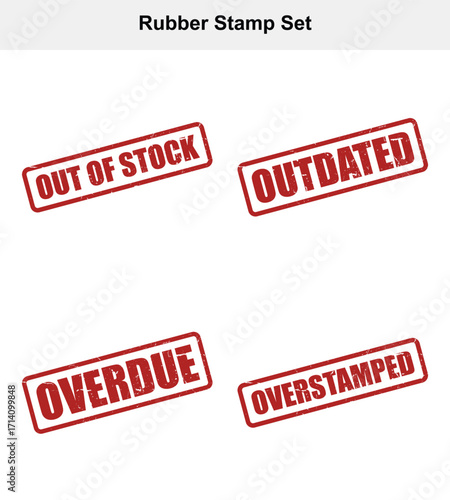 Red Rubber Stamps Set with Out of Stock Overdue Outdated Overstamped on White