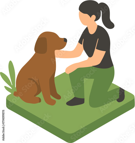 Woman petting a brown dog in a park setting.