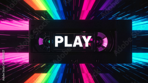 VHS retro cassette tape with PLAY text neon