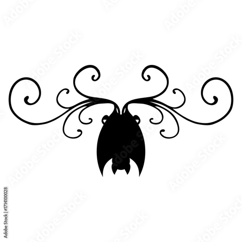 Logo con silueta de murciélago con filigrana caligráfica. Silueta con florituras para su uso en tarjetas y felicitaciones de Halloween