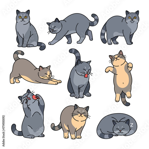 Playful Cat Collection: Adorable cartoon cats in various poses, displaying their unique personalities, a delightful illustration of feline charm.
