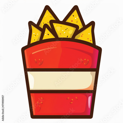 A cartoon illustration of a red and white bucket filled with crispy yellow tortilla chips.