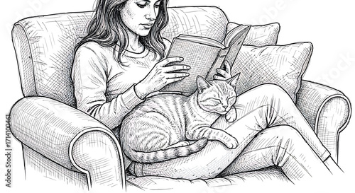 Black and White Sketch: Woman Reading Book with Sleeping Cat on Lap