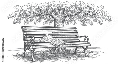 Line Art Sketch of Park Bench with Newspaper Under Shady Tree