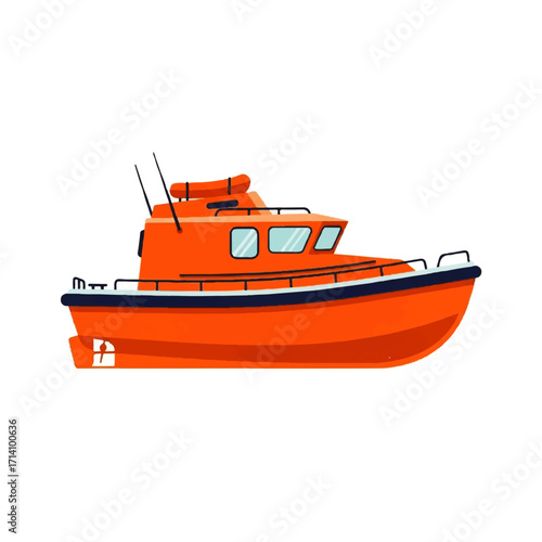 Orange Rescue Boat Illustration Side View of a Marine Vessel Ready for Emergency Services