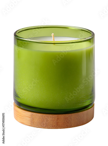 A green candle in a glass container with a wooden base on  a area isolated on transparent background