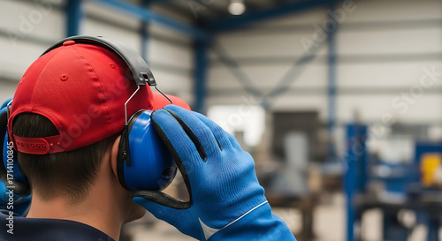 Industrial worker with red cap wearing blue safety earmuffs for hearing protection in a factory
