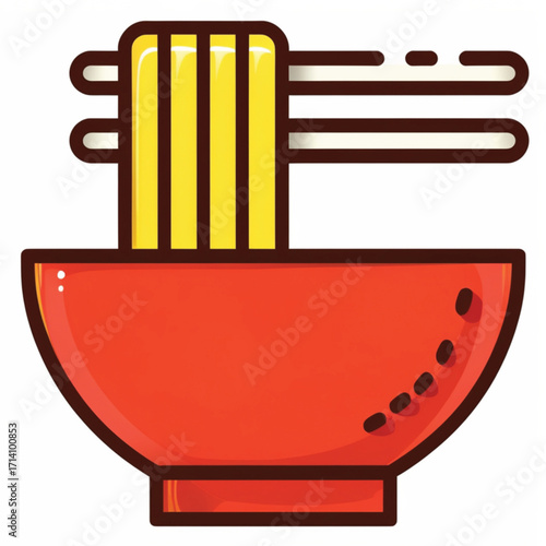 Illustration of a bowl of noodles with chopsticks, featuring a red bowl and yellow noodles.