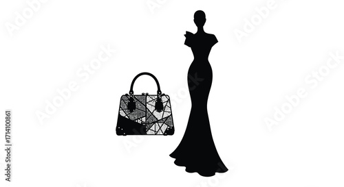 Elegant silhouette of a woman with a stylish patterned handbag design