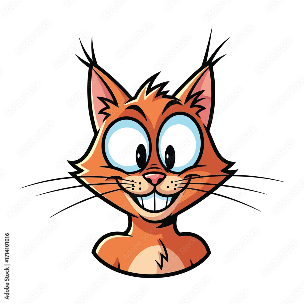 Fototapeta premium Playful Cat Cartoon : An expressive, charming cartoon cat with big, wide eyes and a contagious, toothy grin, radiating happiness and mischief on a background.