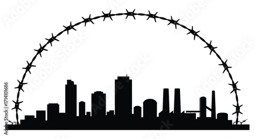 City skyline silhouette framed by a barbed wire semi circle above