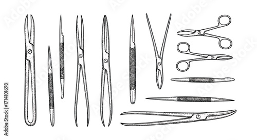 Vintage Engraved Surgical Instruments Set - Hand-Drawn Medical Tools Illustration