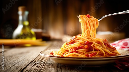 Italian spaghetti with tomato sauce and bacon on wooden table, fork twirling pasta with oil bottle and blurred kitchen utensils background