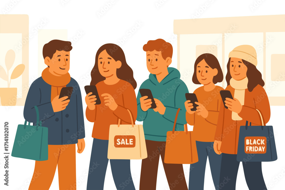 Fototapeta premium Flat vector illustration of people shopping on Black Friday. Group of young adults with shopping bags and smartphones. Concept of online shopping, sales, discounts, and consumerism