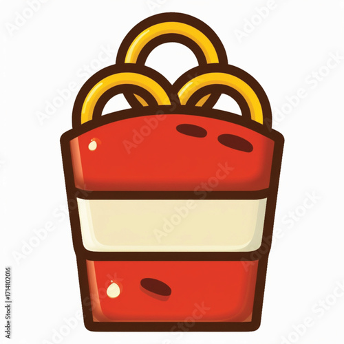 A stylized illustration of a red bucket filled with golden onion rings, representing a fast food item.