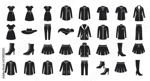 A collection of black silhouette clothing items displayed in a grid pattern