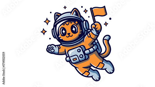 Cat astronaut exploring the universe: An adorable feline astronaut floats through space, holding a flag and wearing a spacesuit, embodying the spirit of exploration, wonder.