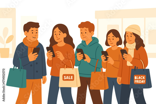 Flat vector illustration of people shopping on Black Friday. Group of young adults with shopping bags and smartphones. Concept of online shopping, sales, discounts, and consumerism