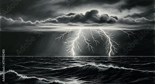 Dramatic Charcoal Drawing of Lightning Storm Over Dark Ocean