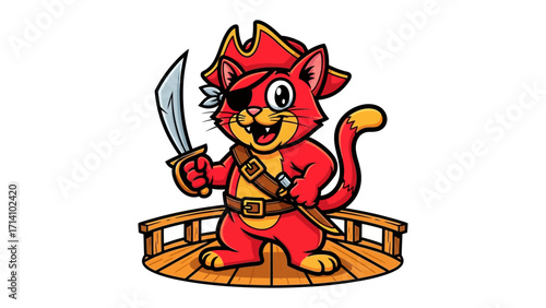 Playful Pirate Cat: A spirited cartoon cat dressed as a bold pirate, wielding a sword and wearing a tricorn hat, brings a delightful blend of adventure, daring, and a touch of mischievous charm.