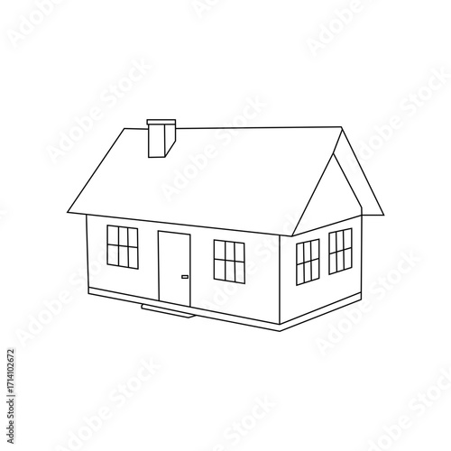 A black and white line drawing of a charming cottage-style house.