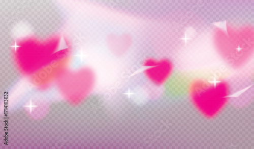 Vector transparent background with pink dreamy clouds with glowing heart shapes, sparkling stars for romantic valentine and love themed design