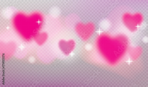 
Vector transparent background with pink dreamy clouds with glowing heart shapes, sparkling stars for romantic valentine and love themed design