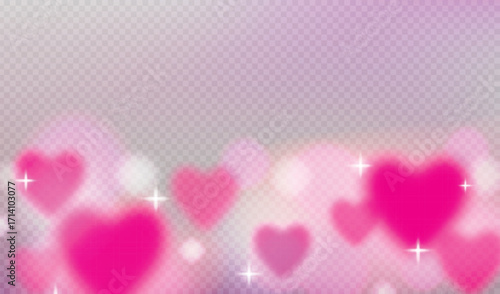 
Vector transparent background with pink dreamy clouds with glowing heart shapes, sparkling stars for romantic valentine and love themed design