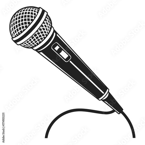 Black and white illustration of a modern handheld microphone with a cable on a white background
