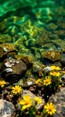 Naklejka 緑色の水と岩と黄色の花の美しい自然の風景