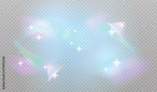Vector illustration of iridescent holographic gradient background with soft rainbow prism effects and stars on transparent overlay for design template