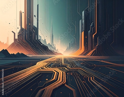 Futuristic cityscape, circuit board path