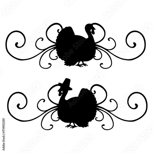 Turkey logo. Silueta de pavo y de pavo con sombrero de peregrino con filigrana caligráfica. Logo para el Día de Acción de Gracias con florituras