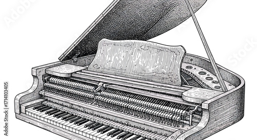 Detailed Vintage Engraving of Grand Piano Internal Mechanism Line Art