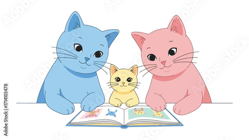 Family Cats Reading a Book: A heartwarming depiction of a cat family, composed of two adult cats and a kitten, engrossed in reading a colorful book together, fostering a sense of unity and learning.