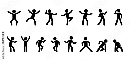 Stickman dance and party poses icon set. Vector silhouette pictogram of people dancing, jumping, celebrating, club party moves, choreography, happy movement, modern dance, street dance.