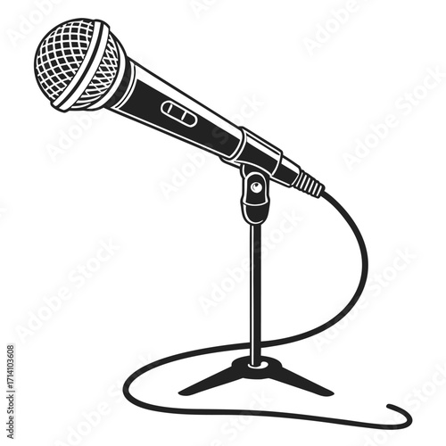 Black and white illustration of a modern microphone on a stand with a coiled cable on a white background
