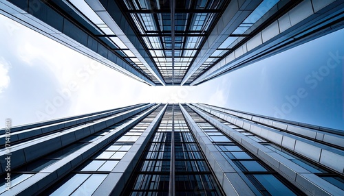 Low Angle View of Modern Glass Skyscrapers Against a Blue Sky