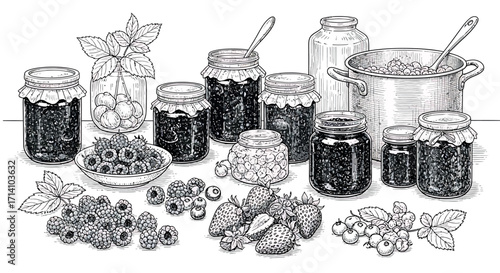 Vintage Hand-Drawn Illustration of Homemade Berry Jams and Fresh Fruit Harvest