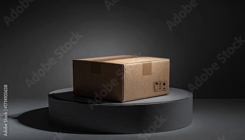 Brown Cardboard Box on Dark Gray Platform