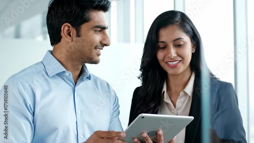 Indian Business Professionals Reviewing Data on Tablet at Modern Office During Daytime, Working Together