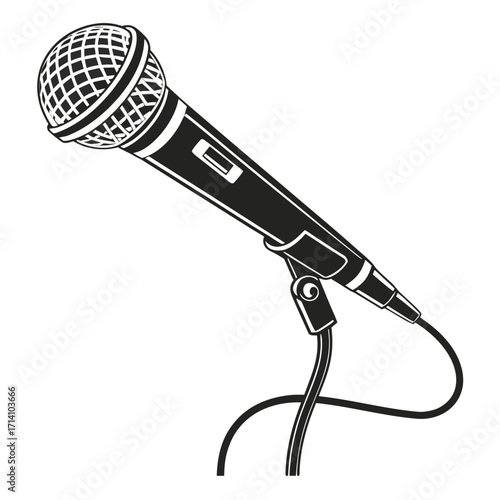 Black and White Illustration of a Professional Microphone on a Stand with Cable audio sound