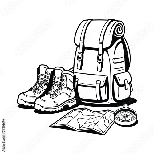 Hiking backpack boots map and compass for outdoor adventure
