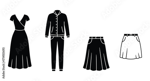 Black and white silhouettes of various clothing items displayed in a row