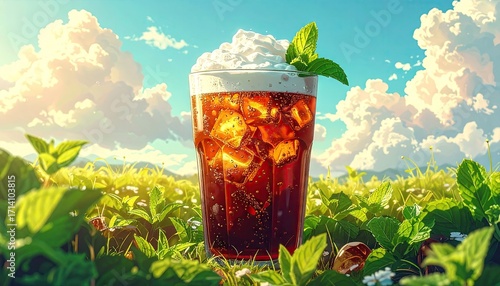 Refreshing Iced Brown Drink with Whipped Cream in a Summer Field