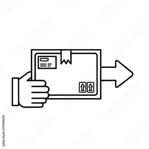 Hand holding a package with an arrow indicating delivery