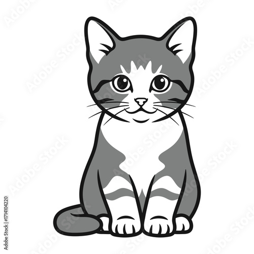 Adorable Kitten Illustration: An endearing cartoon illustration of a gray and white kitten, capturing its innocent gaze and playful essence, ready to bring joy.