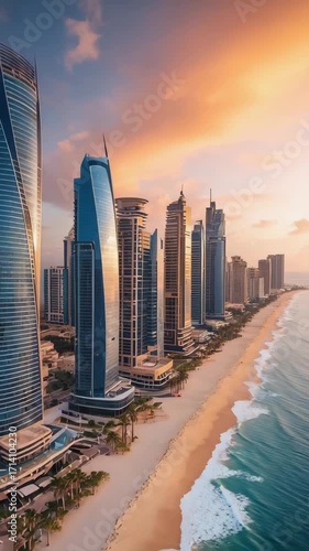 Drone flyover of coastal city skyline with beach, cinematic night glow