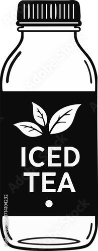 A monochrome illustration of a bottle of iced tea with a label and cap.